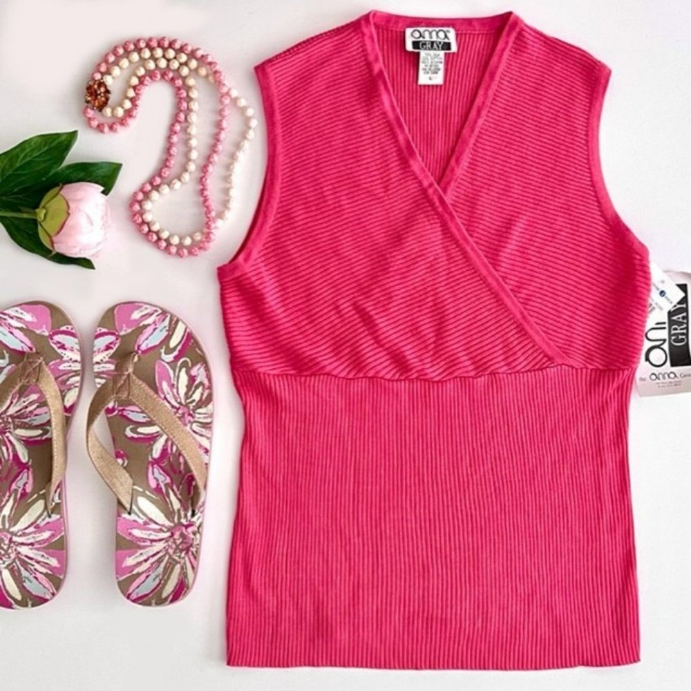V-Neck Wrap Front Rib Knit Tank Top Coral Rose (L)